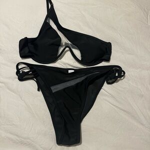 Black And Sheer Accents One Shoulder Bikini Set